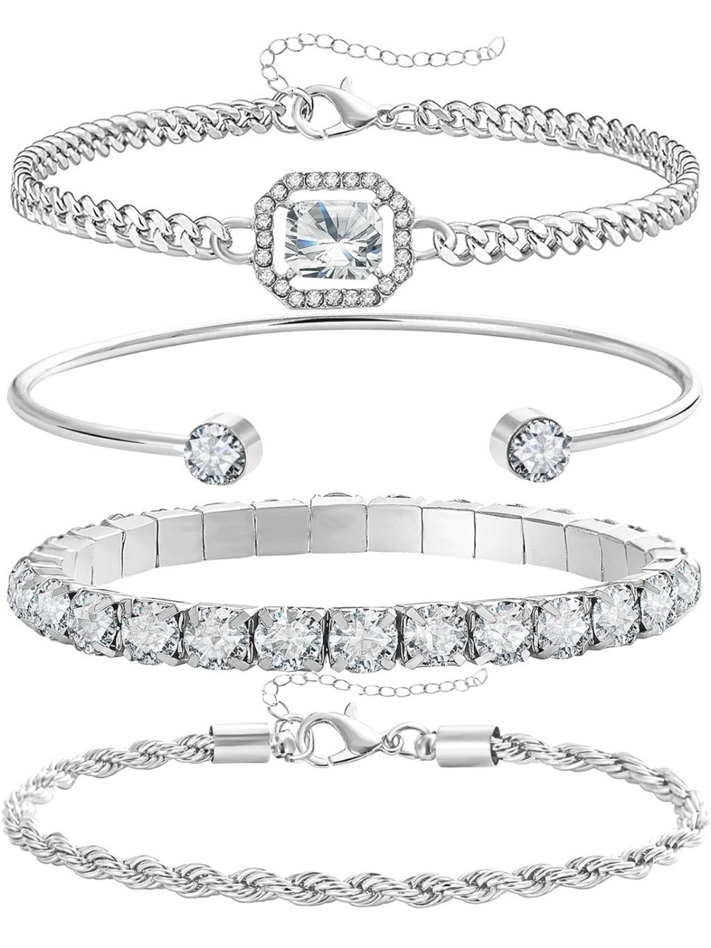 Crystal Accented Silver Bracelet Stack - Women's Layered Set - Picture 2 of 6
